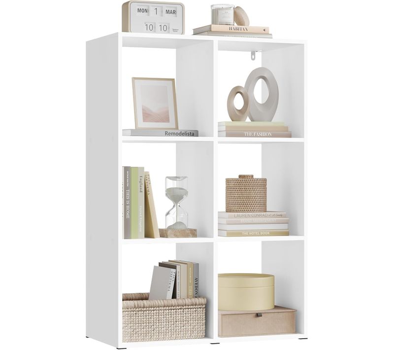 Bibliothèque, Étagère Rangement à 3 Niveaux Avec 6 Cubes, Meuble Cube, Blanc