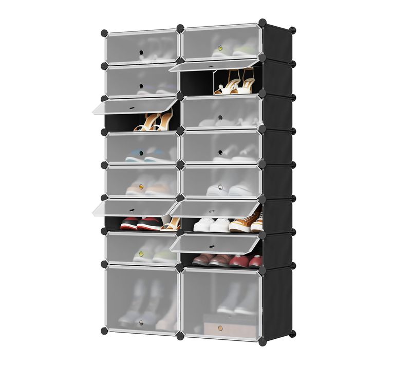 Boîte Rangement Chaussures, Lot De 16, Empilable, Pour 32 Paires, Diy, Avec Portes,en Pp,noir+blanc