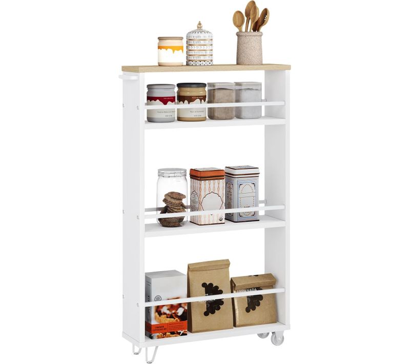 Desserte à Roulettes,desserte Cuisine à 3 Niveaux,avec Poignée+freins,47x80x13cm,chêne Clair+blanc