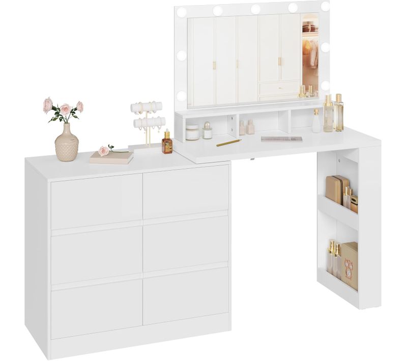 Coiffeuse Avec Miroir LED Réglable, Commode à 6 Grands Tiroirs, Étagère Latérale à 2 Niveaux, Blanc