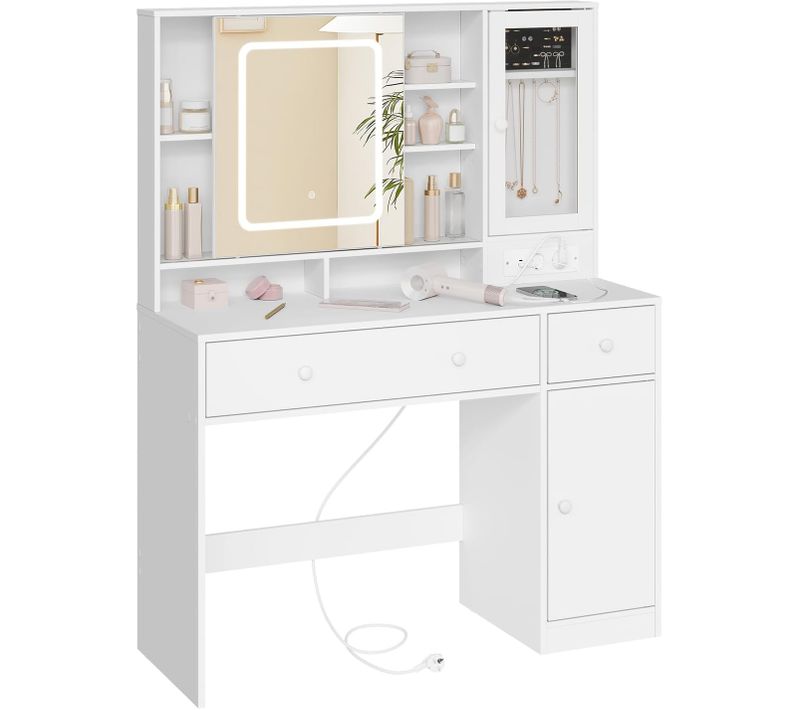 Coiffeuse Avec Miroir LED Réglable,Prise De Courant,Placard De Bijoux,Grands Tiroirs,108x40cm,Blanc