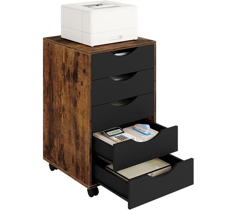 Caisson De Bureau Avec 5 Tiroirs, En Bois D'ingénierie Pb, Marron Rustique, 40x40x66,5cm