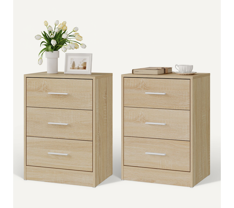 Lot De 2 Tables De Chevet, Commodes à 3 Tiroirs, En Bois D'ingénierie, Chêne Clair, 39x28x54cm
