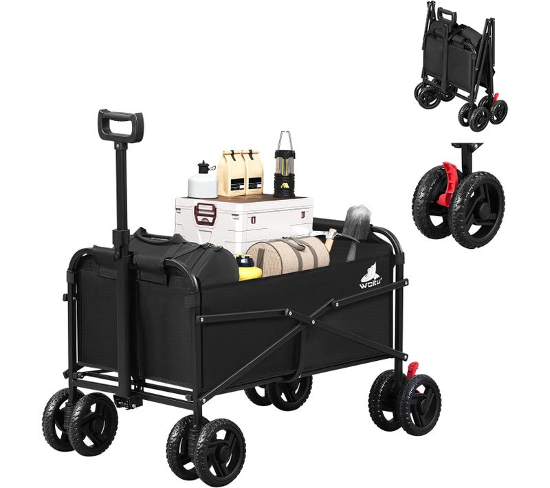 Chariot De Jardin Pliable, Chariot à Roulettes Pour Camping, Plage, En Tissu Oxford+métal, Noir