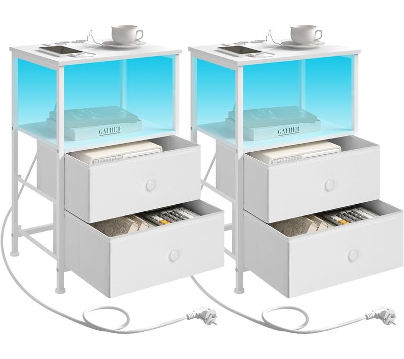 2 X Table De Chevet Avec Prises, LED, 2 Tiroirs En Tissu Et Compartiment Ouvert, Blanc, Métal+mdf