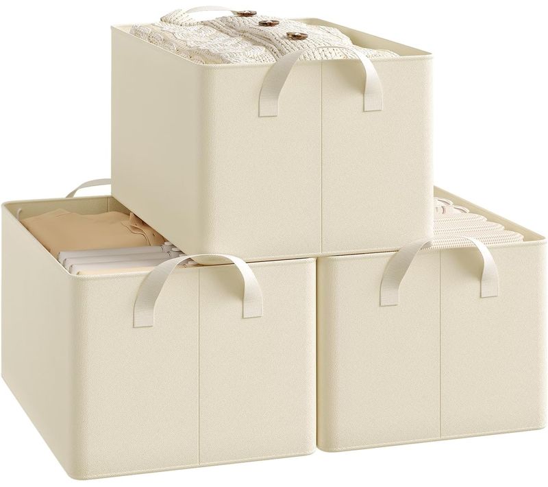 Lot De 3 Boîte De Rangement Ouverte En Tissu, Panier Rangement Pliable, Crème, 37,5x26x20 Cm