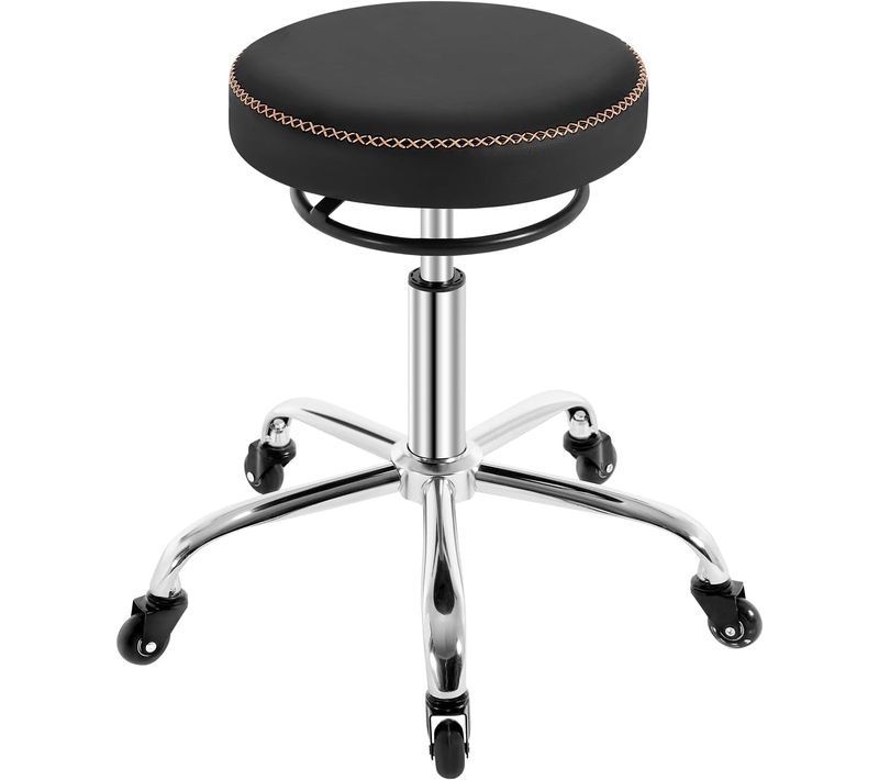 Tabouret Bureau, Siège Rembourré De Mousse, En Pu, Hauteur Réglable, Roulettes En Caoutchouc, Noir