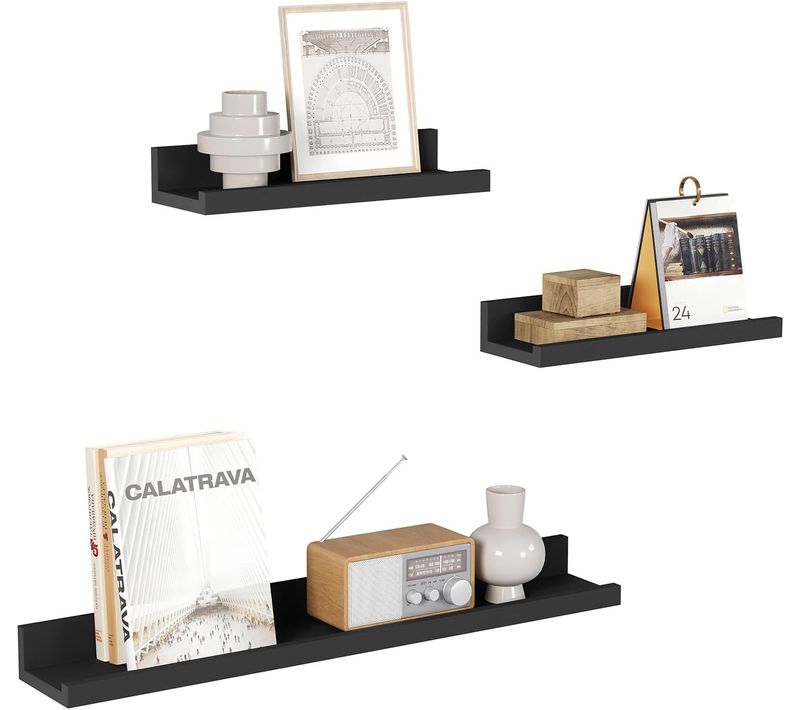 Lot De 3 Étagère Murale, Étagère Flottante, Avec Rebord, Décoration Murale Pour Cadre Photo,noir