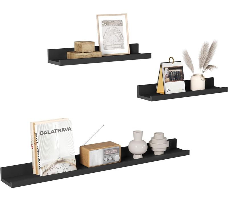 Lot De 3 Étagère Murale, Étagère Flottante, Avec Rebord, Décoration Murale Pour Cadre Photo,noir