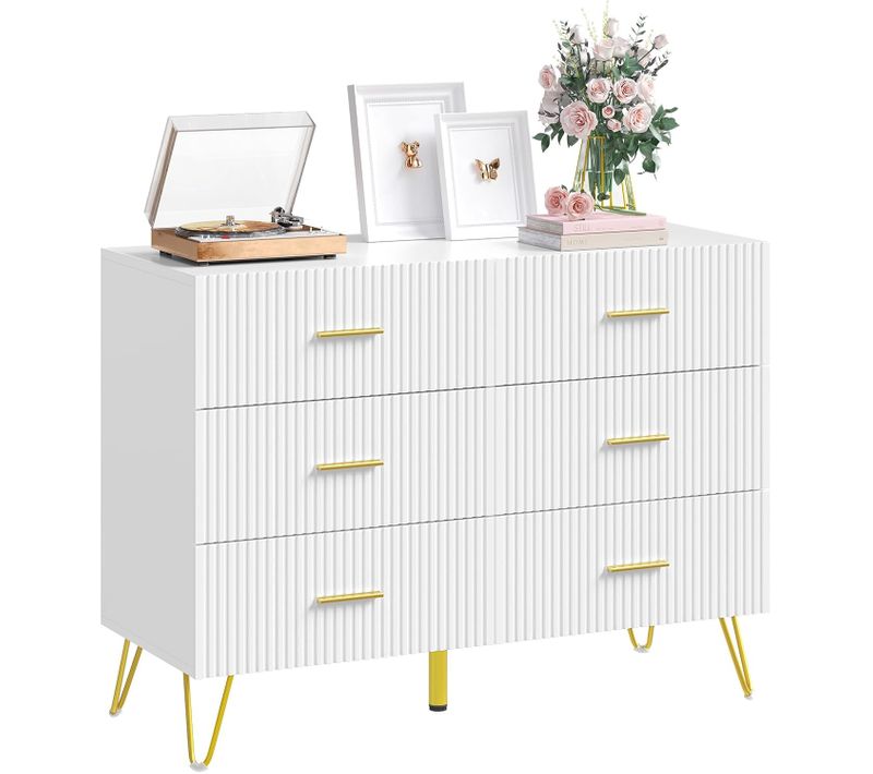 Commode Blanche 6 Tiroirs, Meuble De Rangement, Pieds En Métal, En Bois D'ingénierie, 100x40x75cm