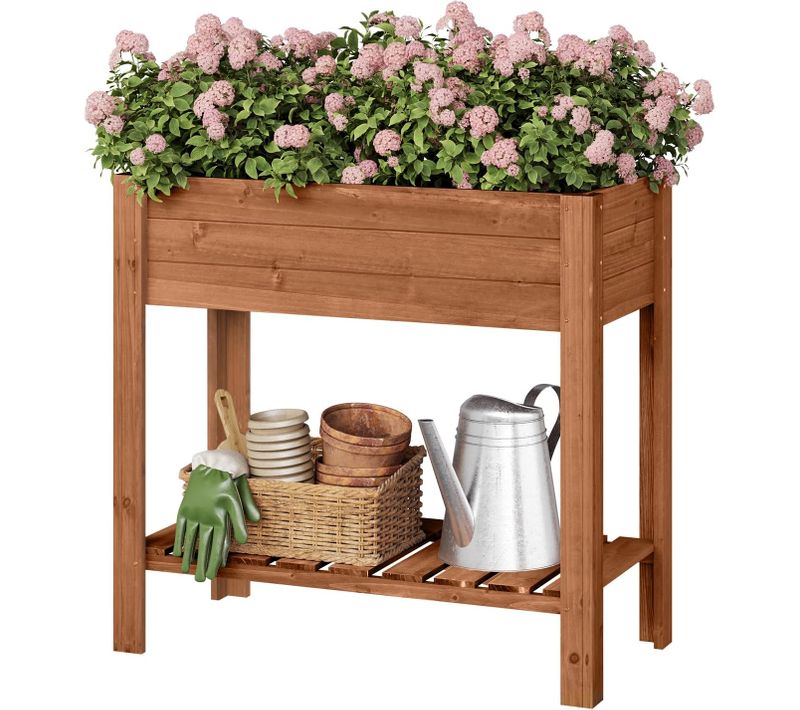 Jadinière Surélevée En Bois, 80x75x40 Cm, Étagère Avec Bac à Fleurs, Film Plastique, Brun