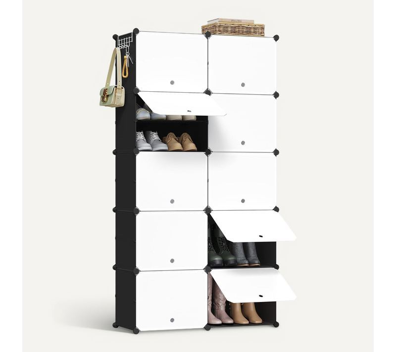 Meuble Chaussure, Rangement Chaussure Avec 10 Compartiments, Empilable, En Plastique, Blanc+Noir