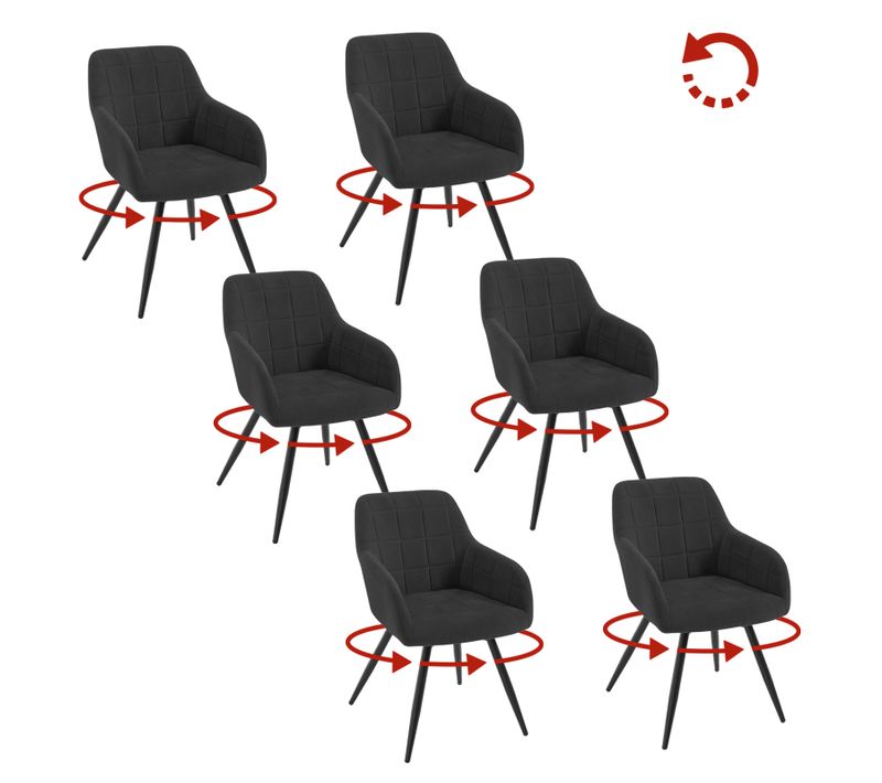 Lot De 6 Chaises Pivotantes Salle à Manger,Fauteuil Salle à Manger,Siège Rembourré En Velours,Noir