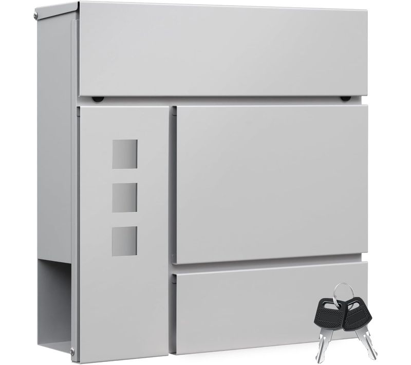 Boîte Aux Lettres Murale Avec 3 Fenêtres, 2 Clés, Couvercle à Charnière Et Porte-journaux, Gris