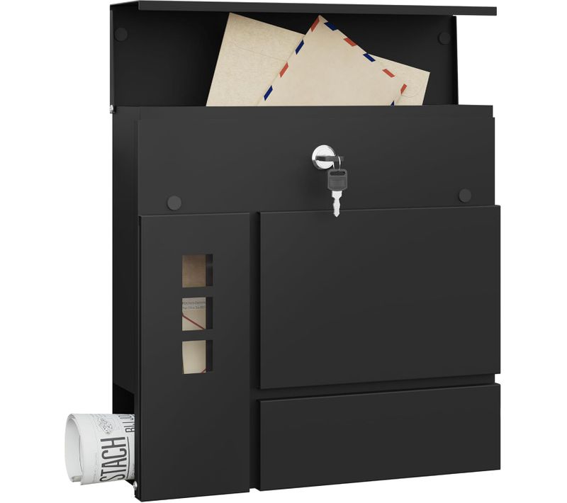 Boîte Aux Lettres Murale Avec 3 Fenêtres, 2 Clés, Couvercle à Charnière Et Porte-journaux, Noir