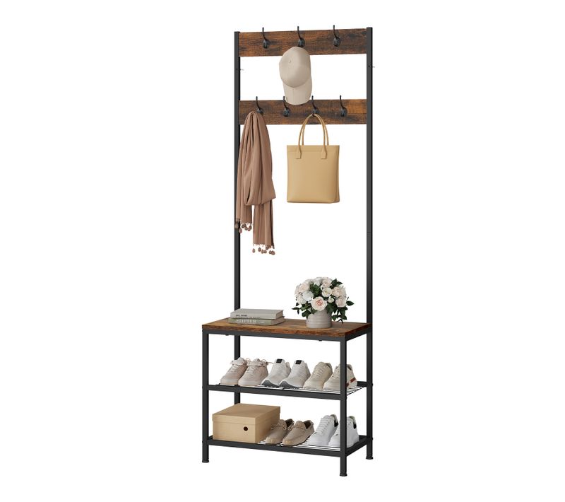 Meuble D'entrée,Portemanteau Avec Banc+Étagère à Chaussures,7 Crochet,Marron Rustique,60x31,5x170cm