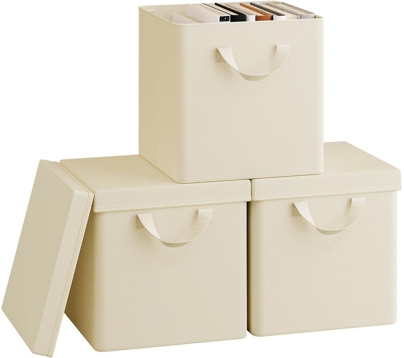 3 X Cubes De Rangement Pliable 27x27x27cm, Boîtes Rangement Tissu Avec Couvercle,avec Poignée,crème