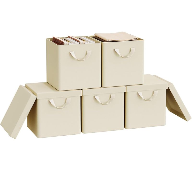 Lot De 5 Boîtes Rangement Tissu Avec Couvercle,pliable,avec Poignée,cadre En Métal,27x27x27cm,crème