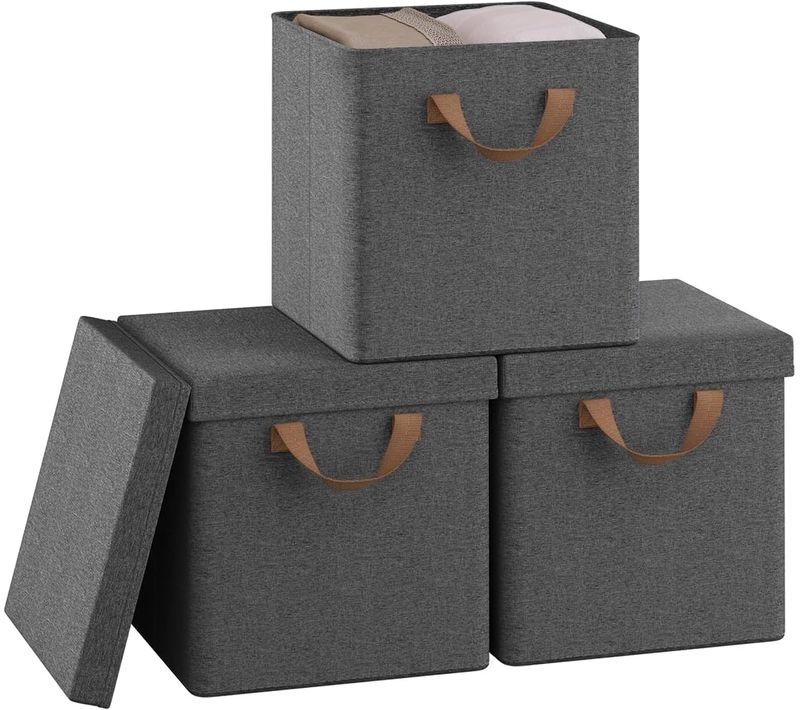 3 X Cubes De Rangement Pliable 27x27x27cm, Boîtes Rangement Tissu Avec Couvercle,avec Poignée,gris