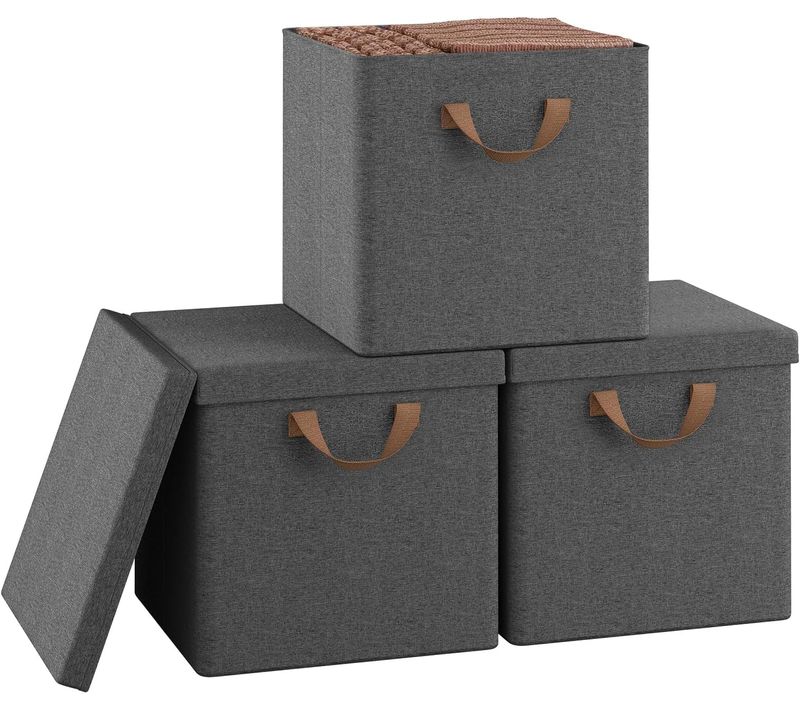 3 X Cubes De Rangement Pliable 33x33x31,5cm,boîtes Rangement Tissu Avec Couvercle,avec Poignée,gris