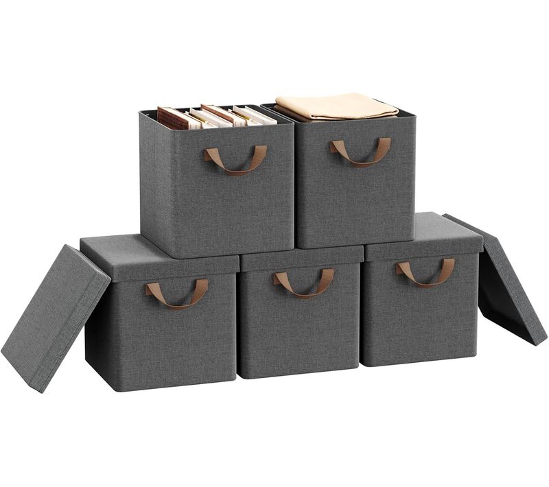 Lot De 5 Boîtes Rangement Tissu Avec Couvercle,pliable,avec Poignée,cadre En Métal,27x27x27cm,gris