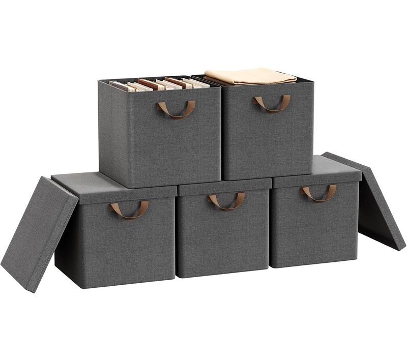 5 X Boîtes Rangement Tissu Avec Couvercle,pliable,avec Poignée,cadre En Métal,33x33x31,5cm,gris