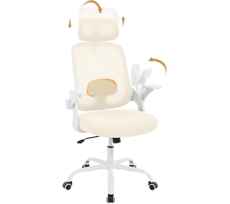 Chaise Bureau Ergonomique, En Maille, Appui-tête Et Accoudoirs Réglables, Pivotante, Beige