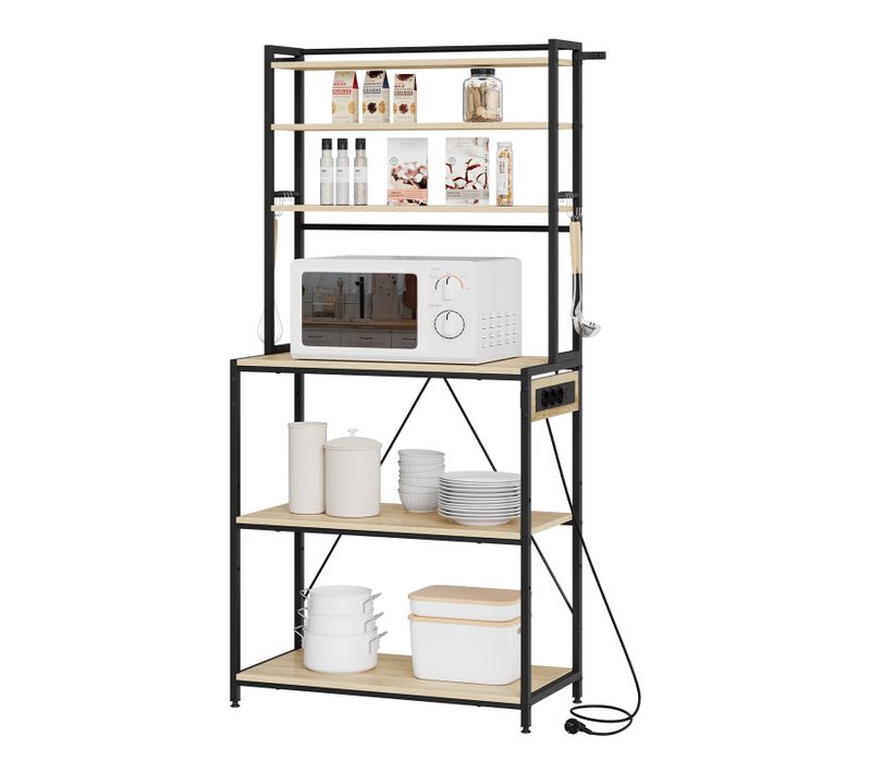 Étagère Cuisine Avec Multiprise,avec Étagère Réglable,6 Crochets,noir+chêne Clair,80x39,5x167cm