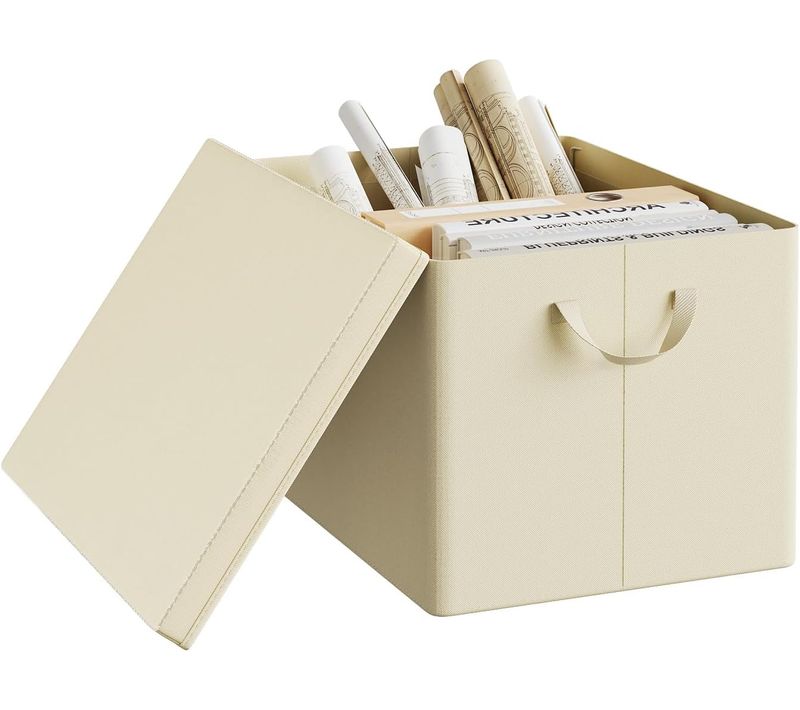 Boîte De Rangement Avec Couvercle Amovible,pliable,coffre En Tissu,avec Poignée,crème,48x36x30cm