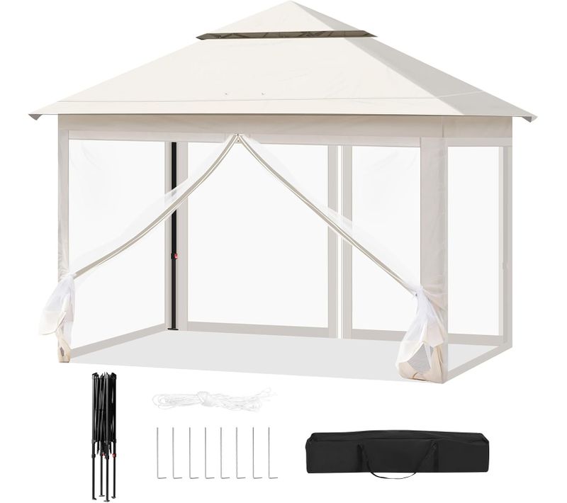 Tonnelle De Jardin 3x3m Pliante, Avec Moustiquaire Amovible, Imperméable, Sac Transport, Beige