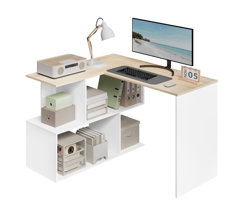 Bureau D'angle En L, 120x100cm, Table D'ordinateur Avec Étagères, Blanc Et Chêne Clair