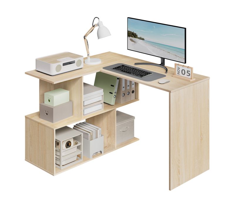 Bureau D'angle Avec Rangement, 120x100cm, Table D'ordinateur En L Avec Étagères, Chêne Clair