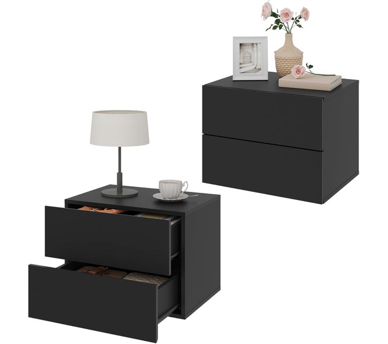 Lot De 2 Table De Nuit Flottante, Table De Chevet Murale Avec 2 Tiroirs, En Bois, Noir