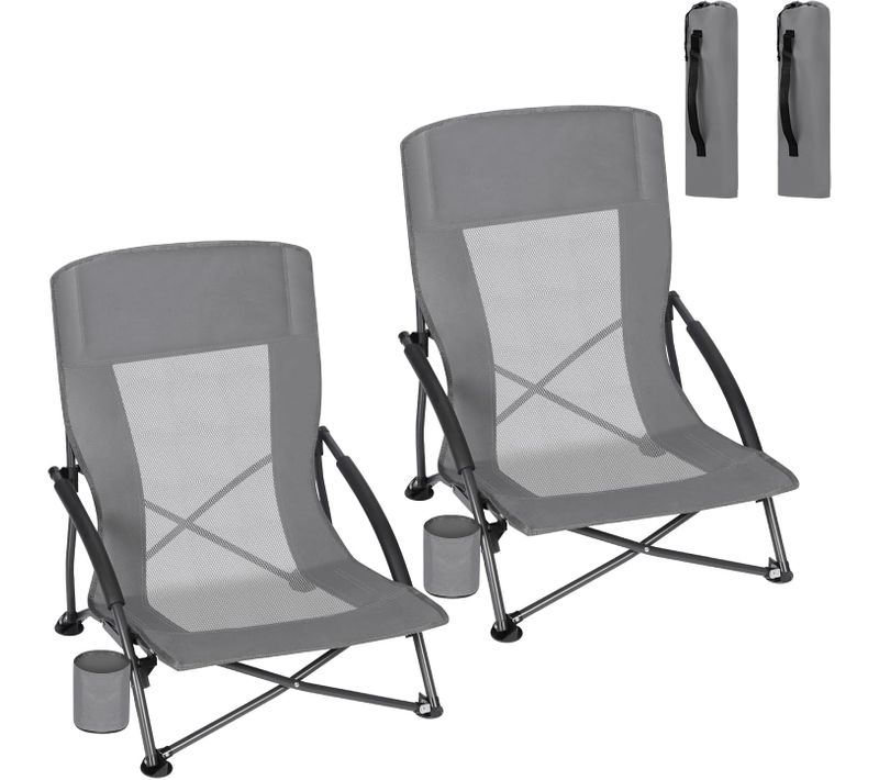 2 X Chaise De Plage Pliable, Avec Dossier En Maille, Porte-gobelet, Sac De Transport, Gris Foncé