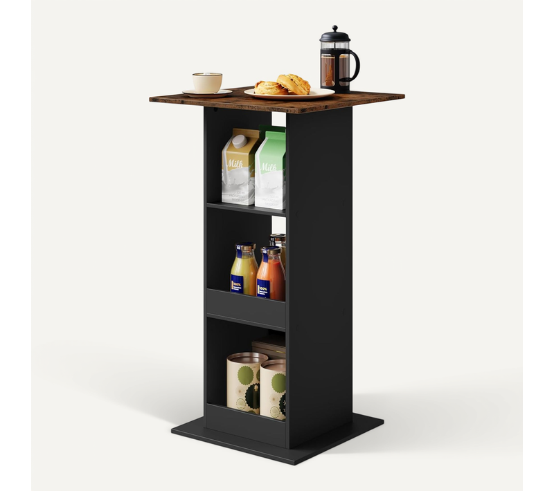 Table De Bar, Table De Cuisine Avec 3 Étagères, Bois Composite, Noir Et Marron Rustique, 60x60x112cm