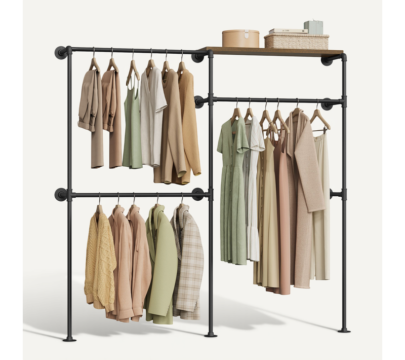 Tringle à Vêtements Murale, Penderie, Avec Étagère Et 3 Rails De Suspension, Noir + Marron Rustique