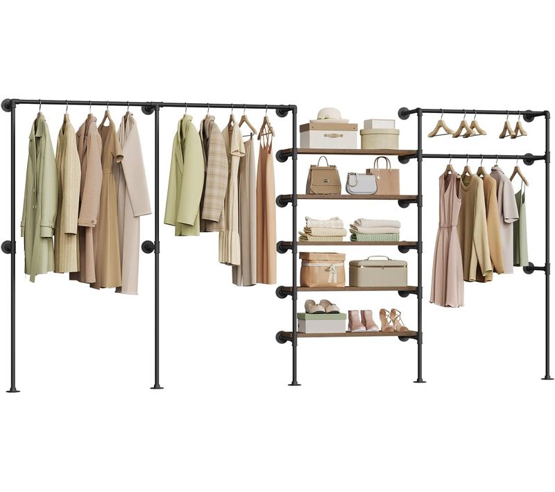 Penderie Murale, Portant à Vêtements, Dressing Mural, En Tube Métallique, Noir + Marron Rustique