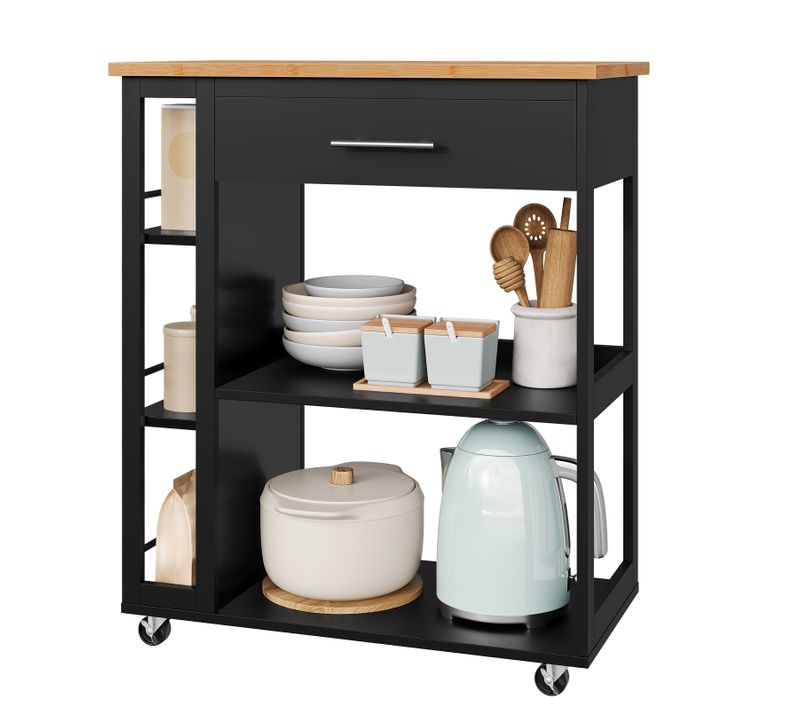Desserte à Roulettes, Îlot De Cuisine,Avec Tiroir Et Étagères Ouvertes,73x38x88cm,Effet Bambou+Noir