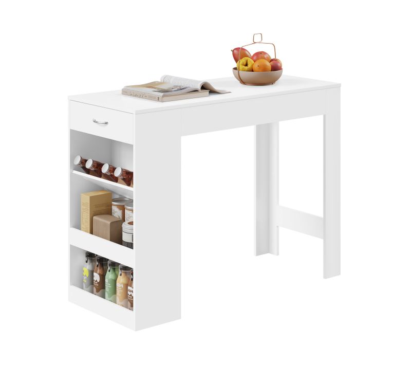 Table De Bar, Table Haute Cuisine, 1 Tiroir Et 3 Compartiments Ouverts, En Bois D'ingénierie, Blanc