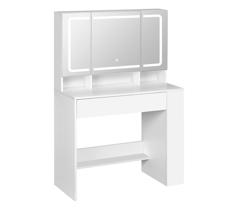 Coiffeuse Avec Grand Miroir LED à Luminosité Réglable, Meuble Chambre Avec Tiroir, Blanc, 90x40 Cm