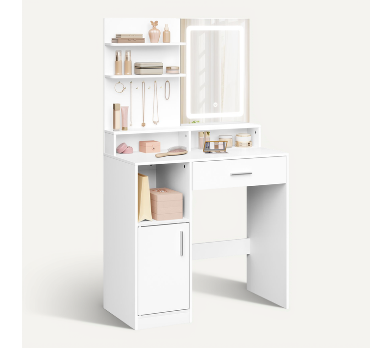 Coiffeuse Avec Miroir LED, Placard Et 3 Casiers Ouverts, En Bois D'ingénierie, 80x40x140cm, Blanc