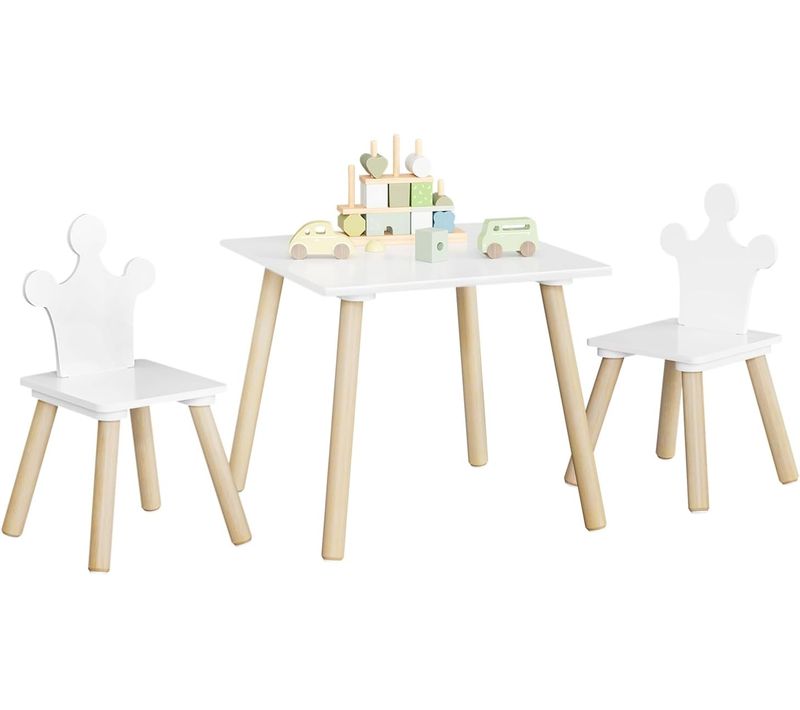 Ensemble De Table Carrée Et Chaises Avec Dossier Pour Enfants, En Mdf + Bois , Blanc + Bois Clair