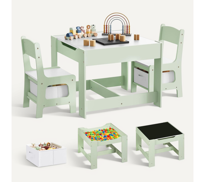 Table D'enfant Et 2 Chaises, Mobilier Avec Rangement, Plateau Réversible, En Bois Mdf,Vert Et Blanc