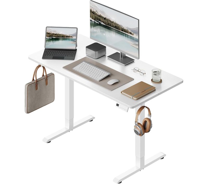 Bureau Assis Debout,Hauteur Réglable Électrique,72-118cm,Réglage En Continu,Crochets,120x60cm,Blanc
