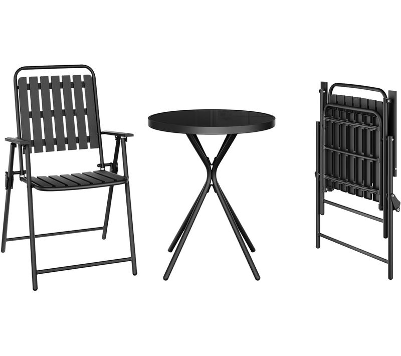 Salon De Jardin 3 Pièces, Table Et 2 Chaises Pliables Avec Accoudoirs, Structure En Métal, Noir
