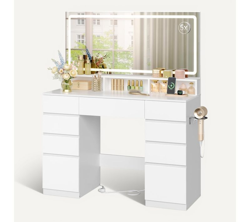 Coiffeuse avec Grand et Grossissant Miroir LED, Table de Maquillage avec 9 Tiroirs, en Bois, Blanc
