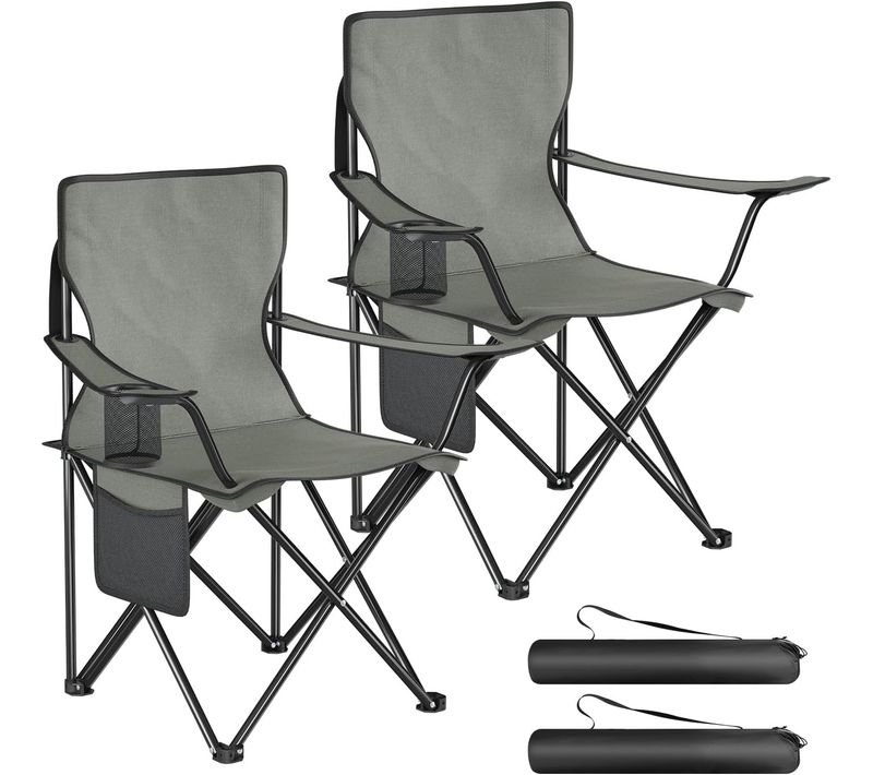 2 X Chaises De Camping, Chaises Pliables Portables Avec Porte-gobelet Et Poche Latérale, Gris Foncé