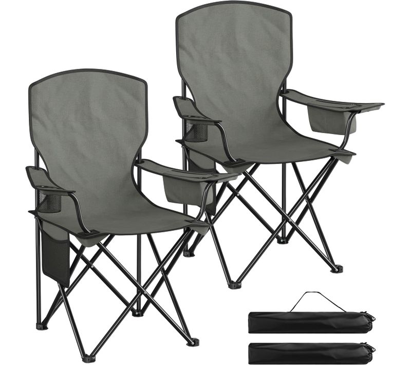 2 X Chaise Camping Pliante, Dossier, Sac Isotherme, Porte-gobelet,poche Latérale,gris Roche Brumeux
