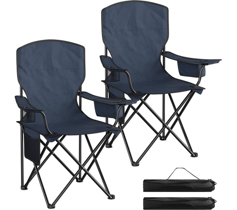 Lot De 2 Chaise Camping Pliante, Dossier, Sac Isotherme, Porte-gobelet, Poche Latérale, Bleu Marine