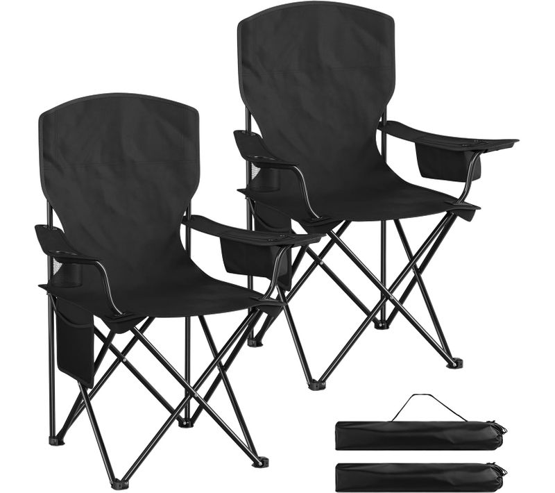 Lot De 2 Chaise Camping Pliante, Dossier, Sac Isotherme, Porte-gobelet, Poche Latérale, Noir
